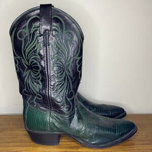 Vintage Dan Post Green Black Teju Lizard Western Cowboy Boots Womens Size 6.5 M